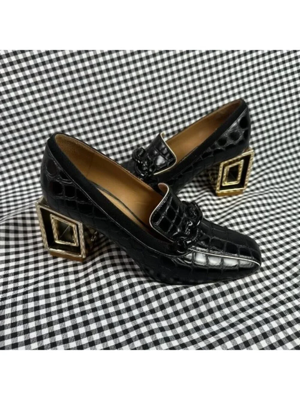 Tory Burch Jessa Block Heel Pumps Black Croc Embossed Leather Square Toe 6.5